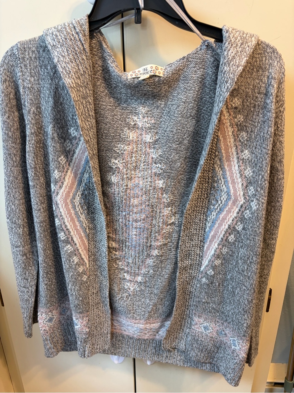 Pink Republic Gray Hooded Open Cardigan with Pink and Cream Aztec Motif